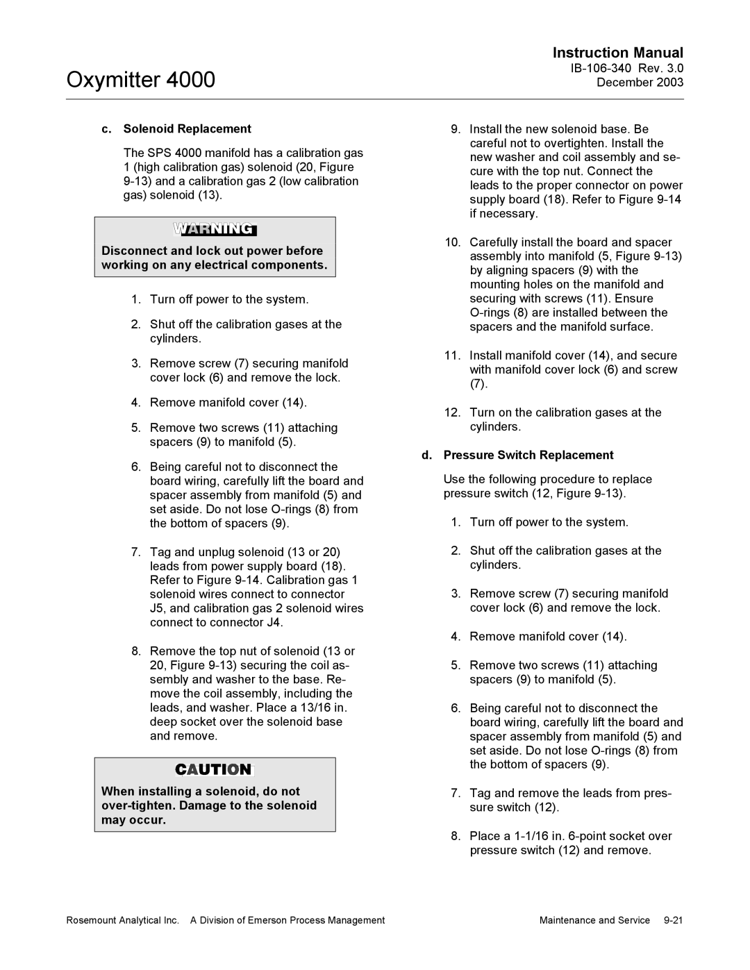 Emerson 4000 manual Solenoid Replacement, Pressure Switch Replacement 