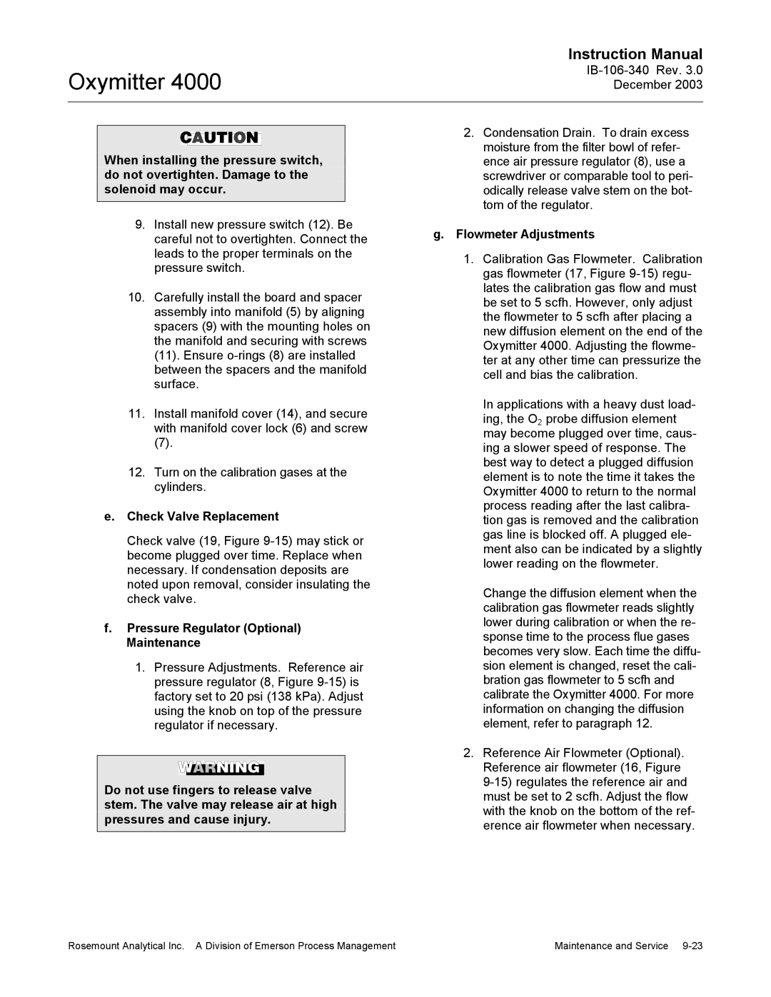 Emerson 4000 manual Check Valve Replacement, Pressure Regulator Optional Maintenance, Flowmeter Adjustments 