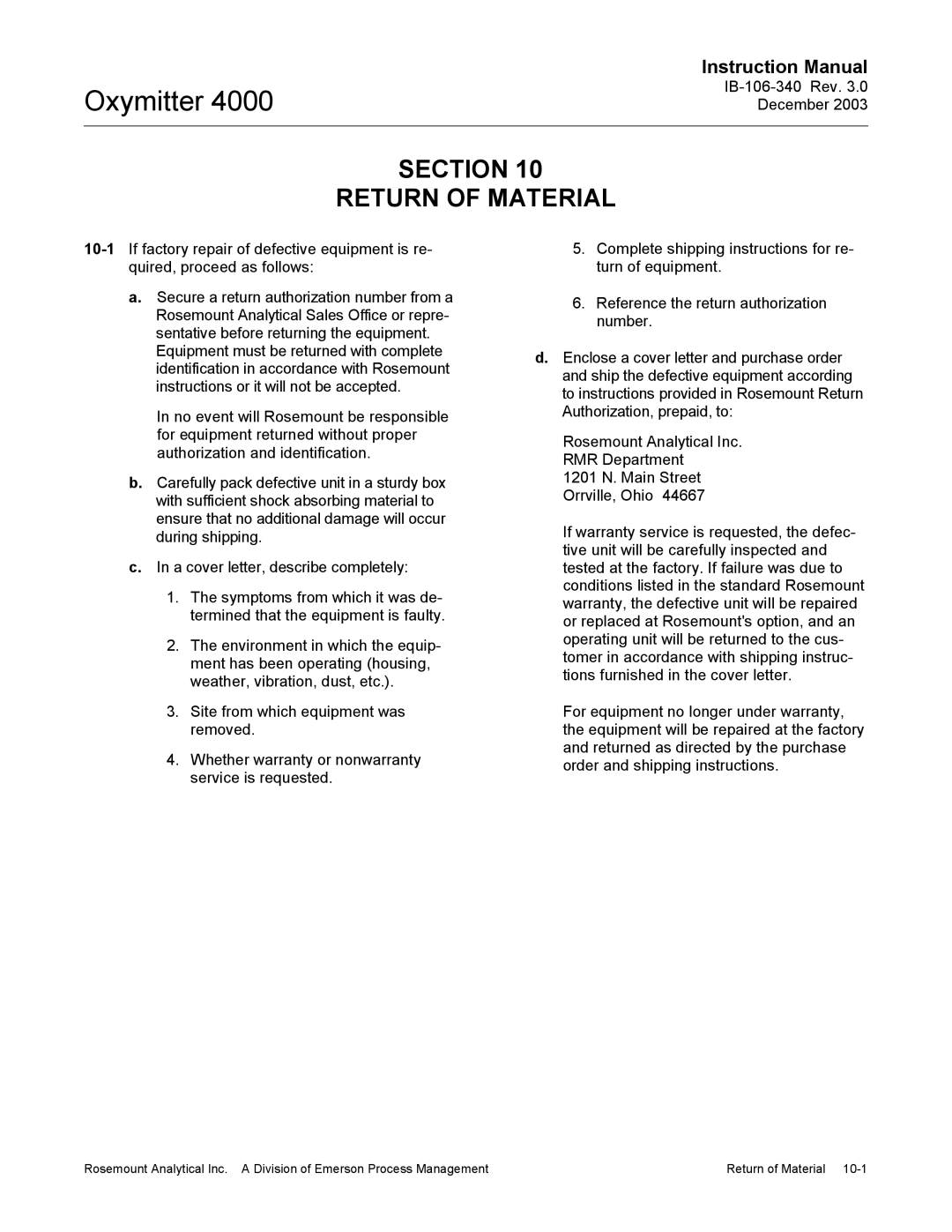 Emerson 4000 manual Section Return of Material 