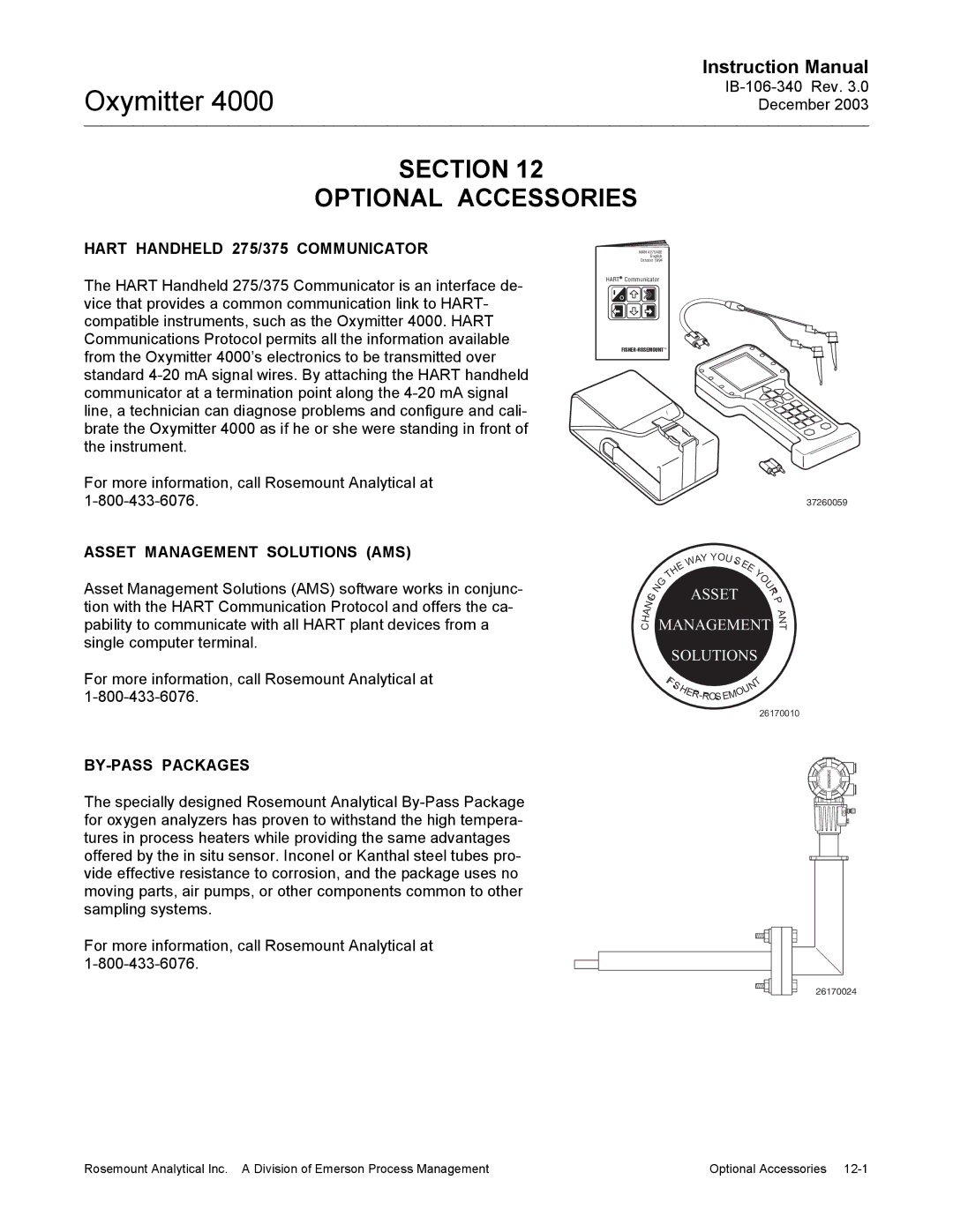 Emerson 4000 manual Section Optional Accessories, Hart Handheld 275/375 Communicator, Asset Management Solutions AMS 