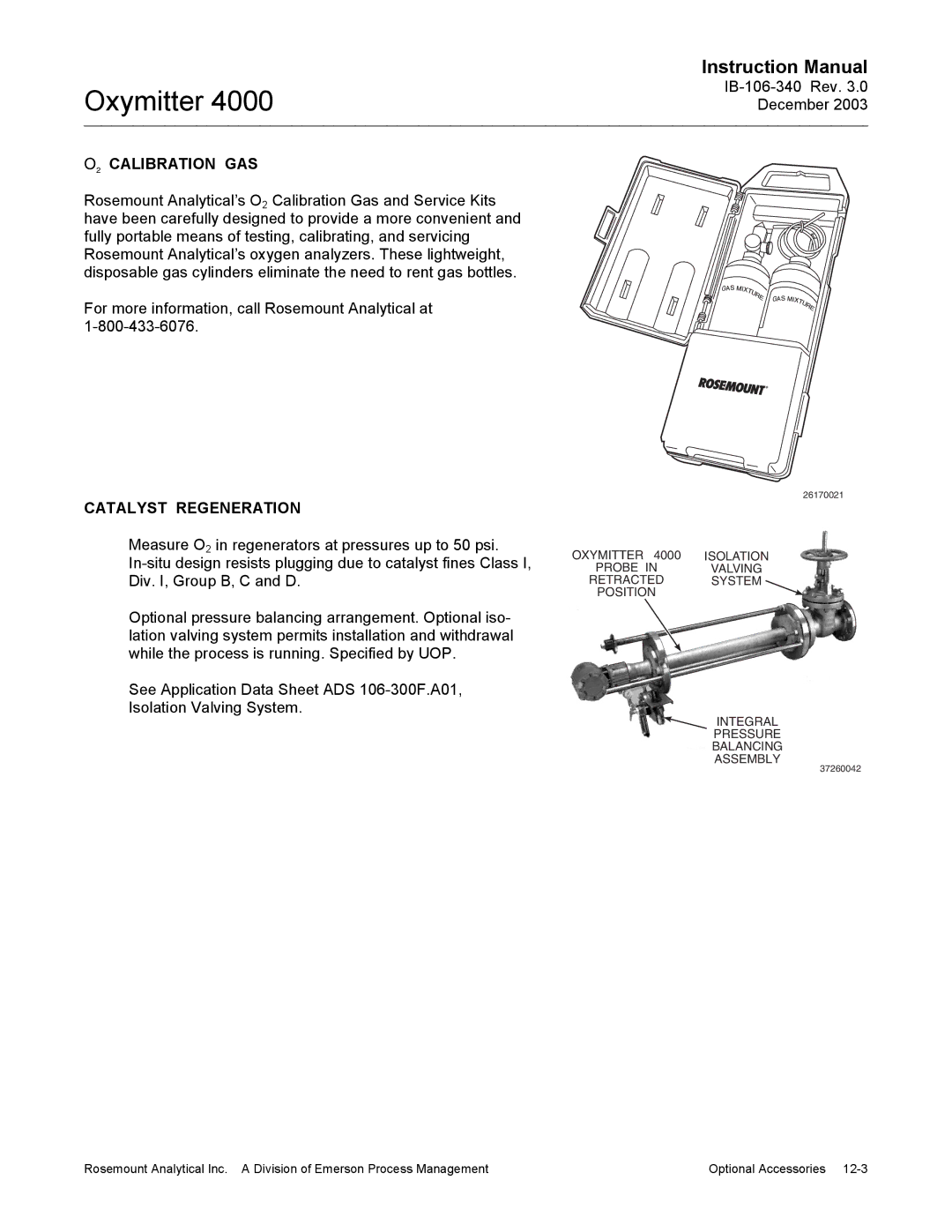 Emerson 4000 manual O2 Calibration GAS, Catalyst Regeneration 