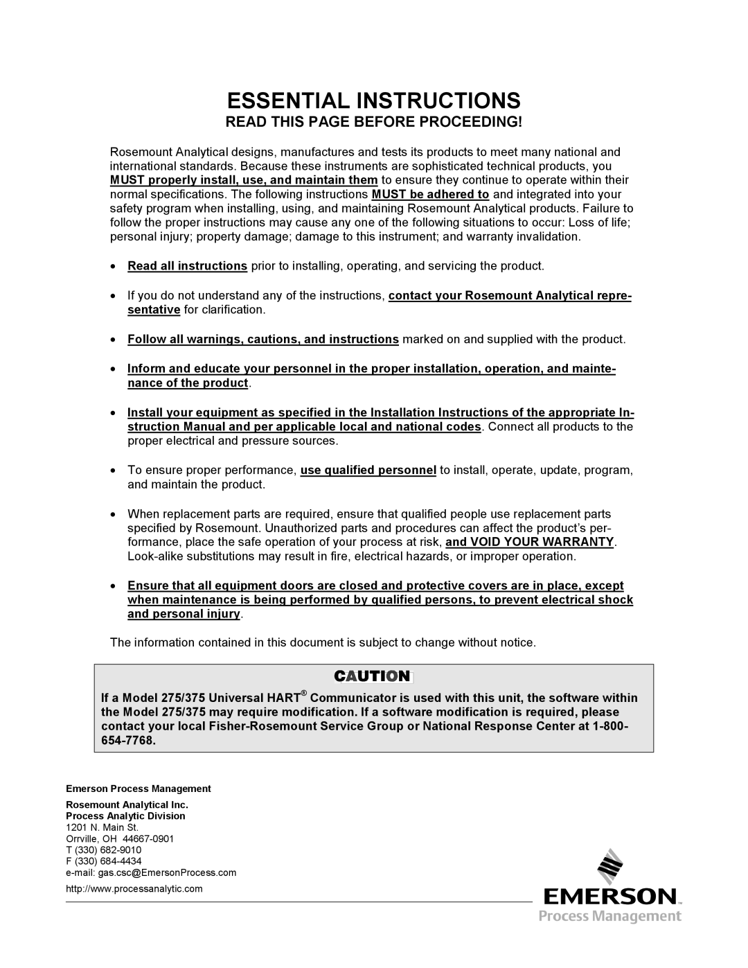 Emerson 4000 manual Essential Instructions 