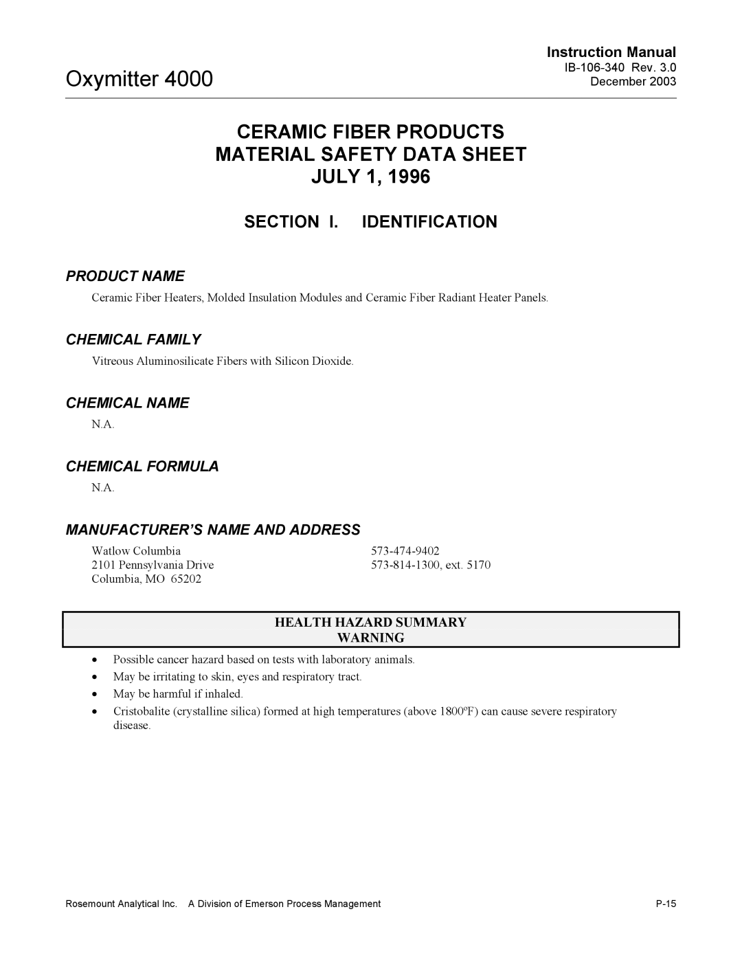 Emerson 4000 manual Ceramic Fiber Products Material Safety Data Sheet, July 1 