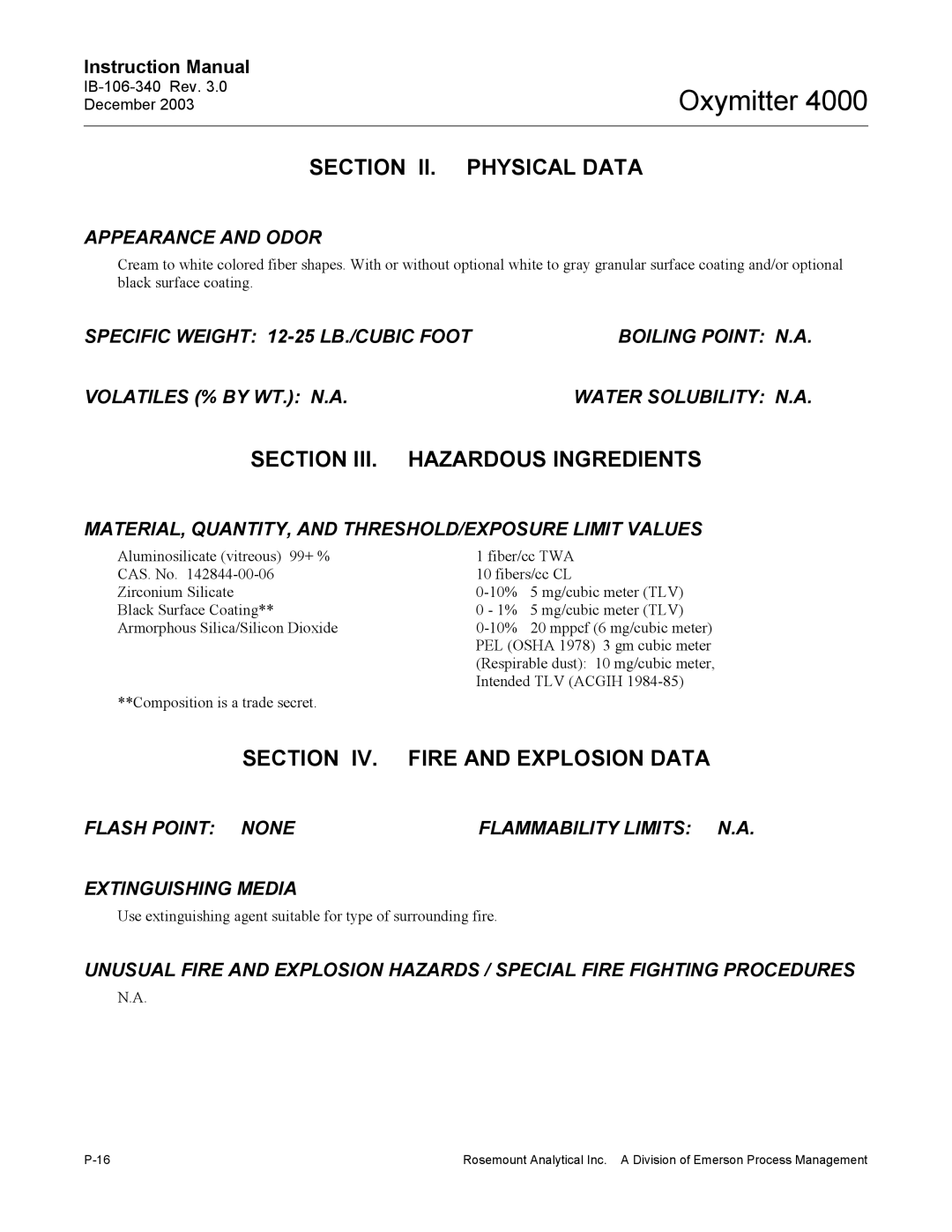 Emerson 4000 manual Section II. Physical Data 