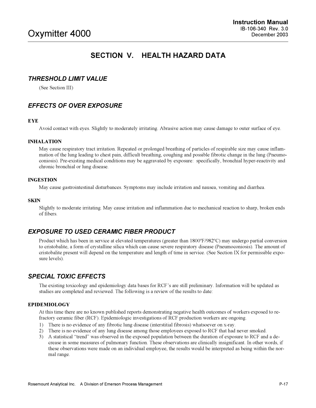 Emerson 4000 manual Section V. Health Hazard Data 