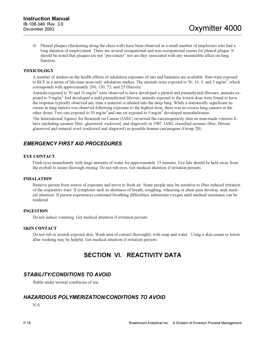 Emerson 4000 manual Section VI. Reactivity Data 