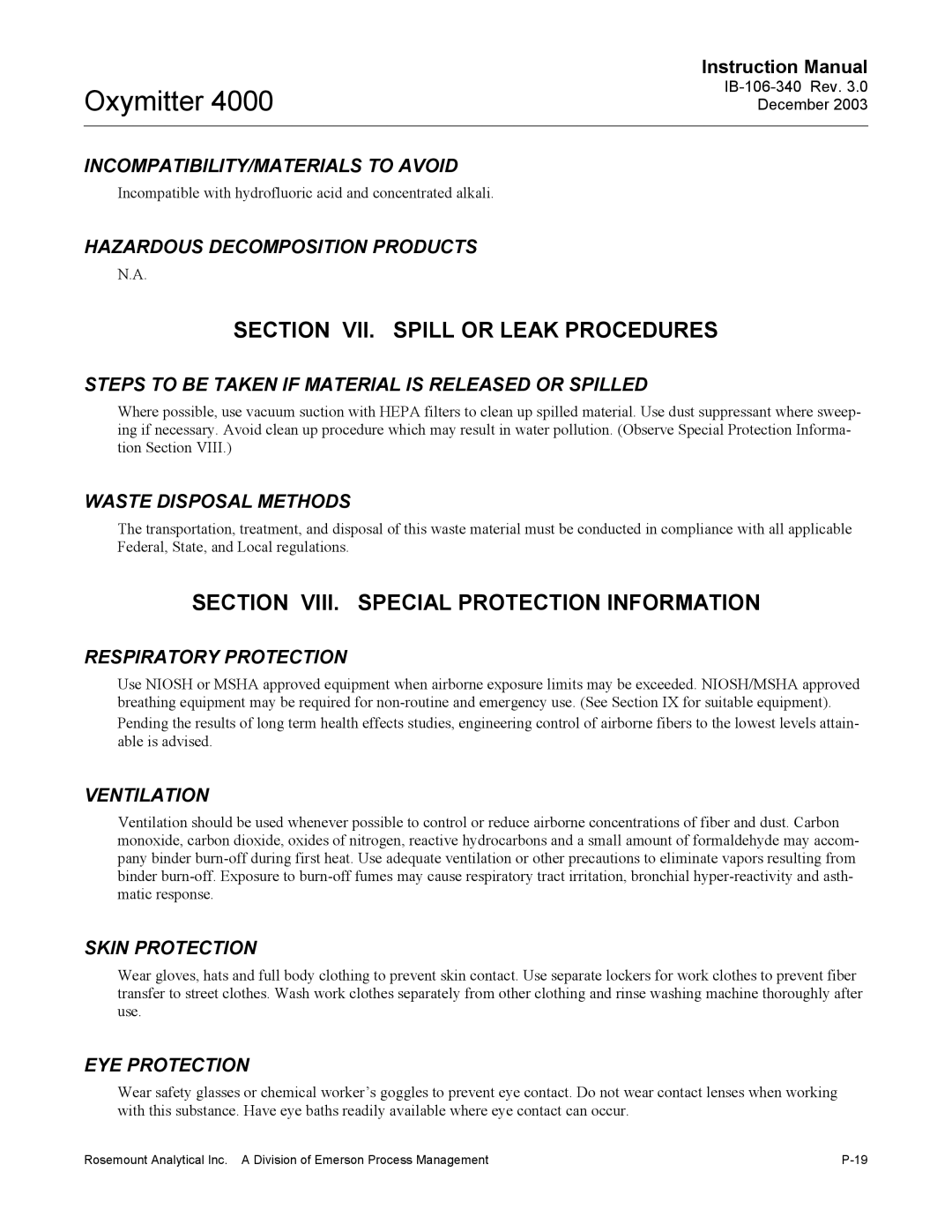 Emerson 4000 manual Section VII. Spill or Leak Procedures 