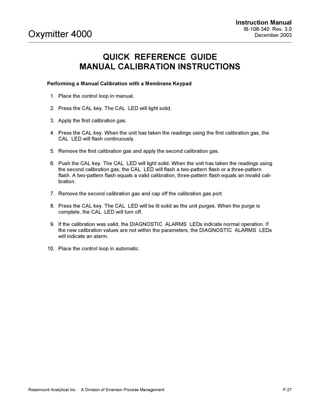 Emerson 4000 Quick Reference Guide Manual Calibration Instructions, Performing a Manual Calibration with a Membrane Keypad 