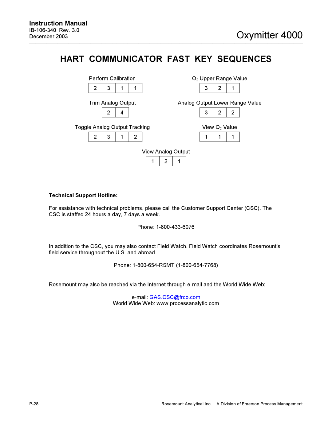 Emerson 4000 manual Hart Communicator Fast KEY Sequences, Technical Support Hotline 