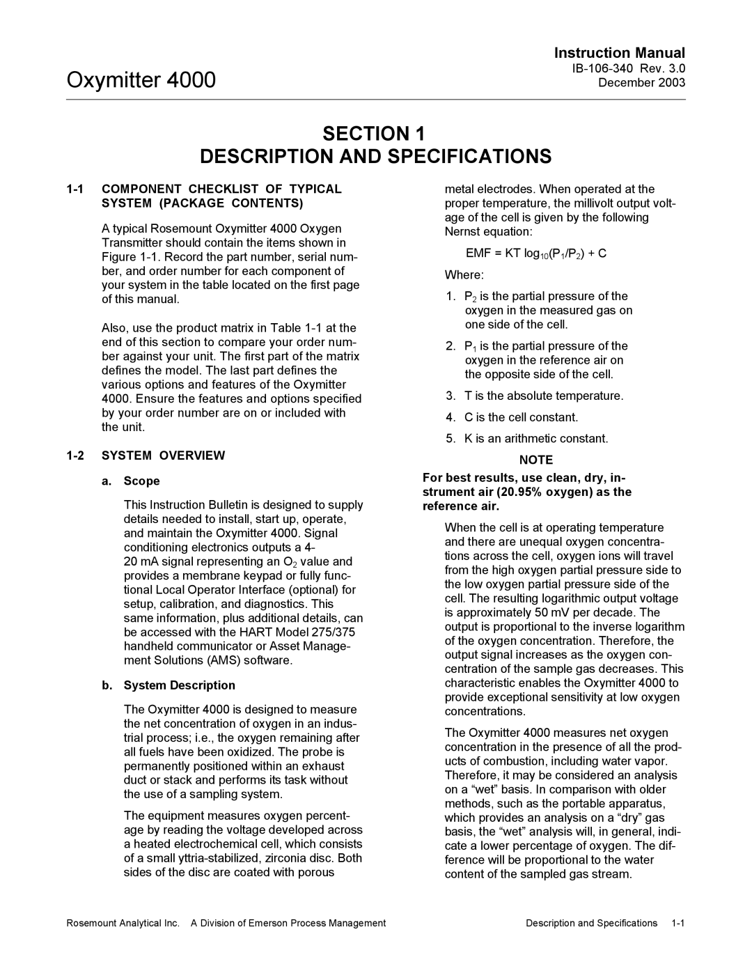 Emerson 4000 manual Section Description and Specifications, Component Checklist of Typical System Package Contents 