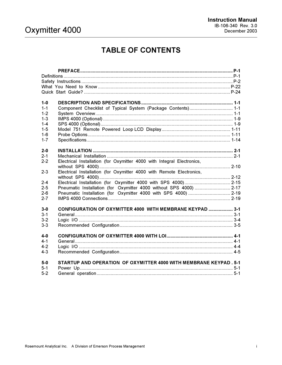 Emerson 4000 manual Oxymitter, Table of Contents 