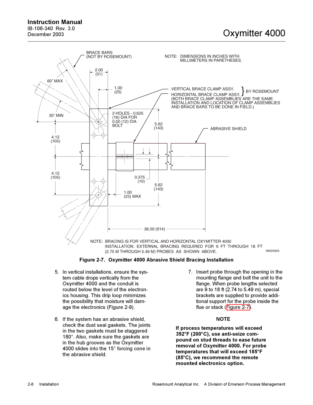 Emerson manual Oxymitter 4000 Abrasive Shield Bracing Installation 