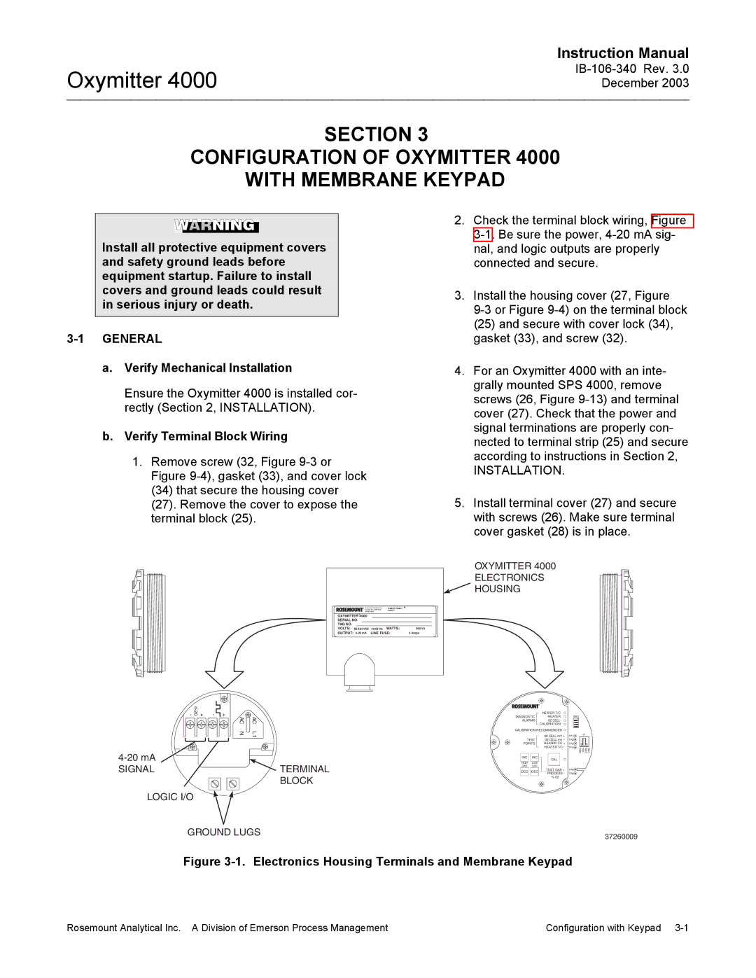 Emerson 4000 manual Section Configuration of Oxymitter With Membrane Keypad, General, Verify Mechanical Installation 