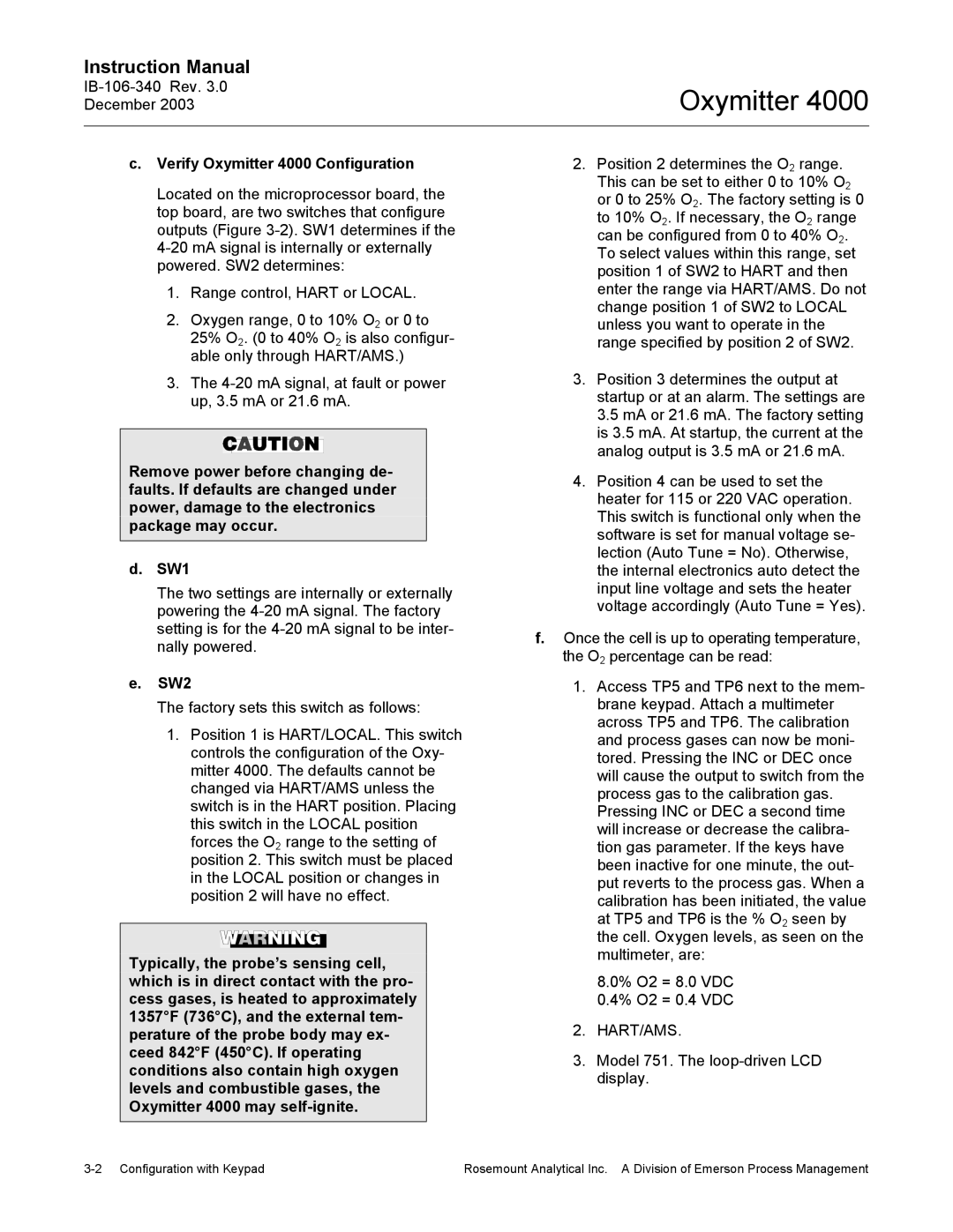 Emerson manual Verify Oxymitter 4000 Configuration, SW2, Model 751. The loop-driven LCD display 