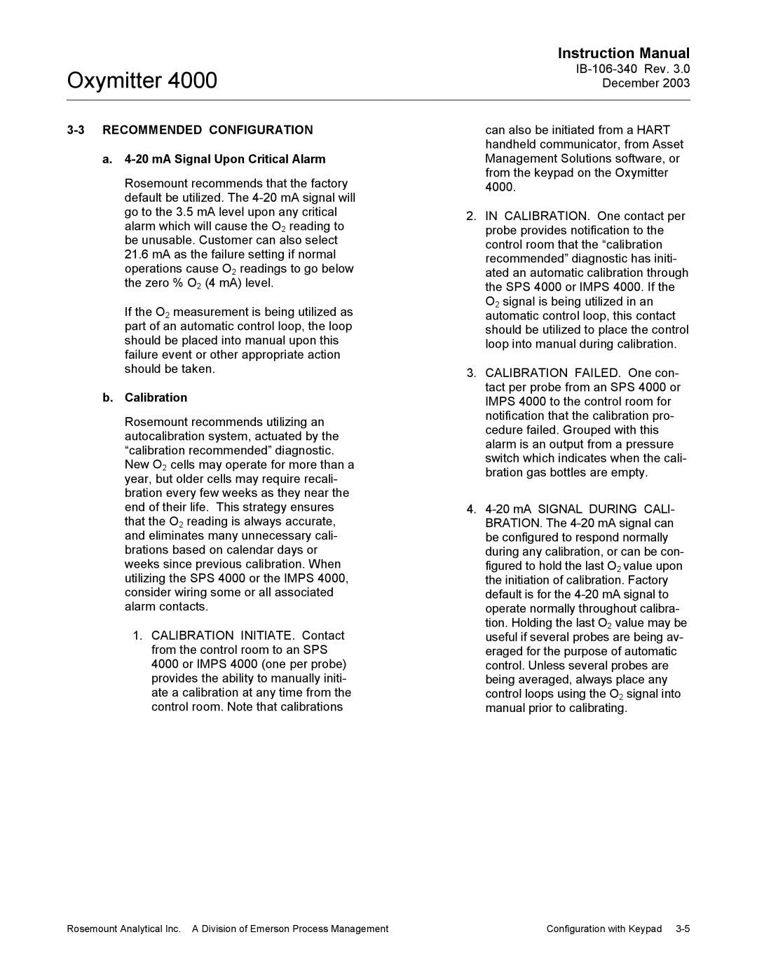 Emerson 4000 manual Recommended Configuration, MA Signal Upon Critical Alarm, Calibration 