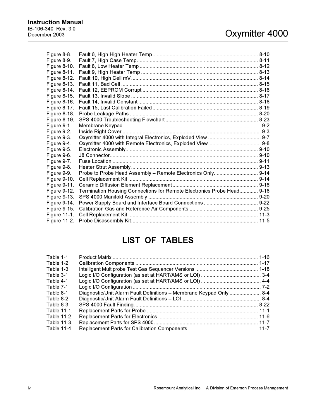 Emerson 4000 manual List of Tables, 11-3, 11-5, 11-1, 11-7 