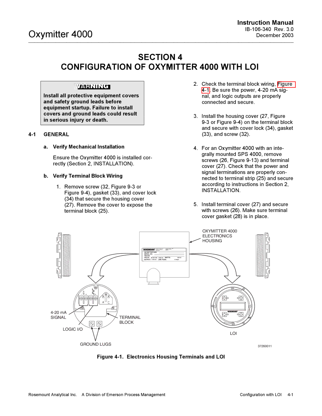 Emerson manual Section Configuration of Oxymitter 4000 with LOI, Electronics Housing Terminals and LOI 