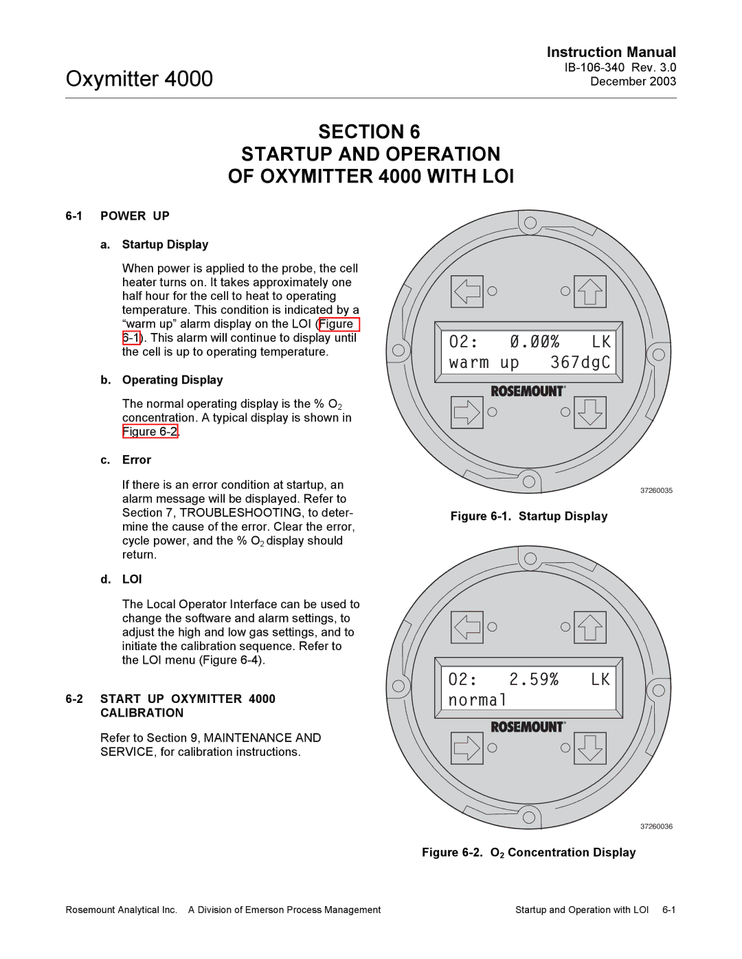 Emerson manual Section Startup and Operation Oxymitter 4000 with LOI, O2 0.00% LK warm up 367dgC, O2 2.59% LK normal 