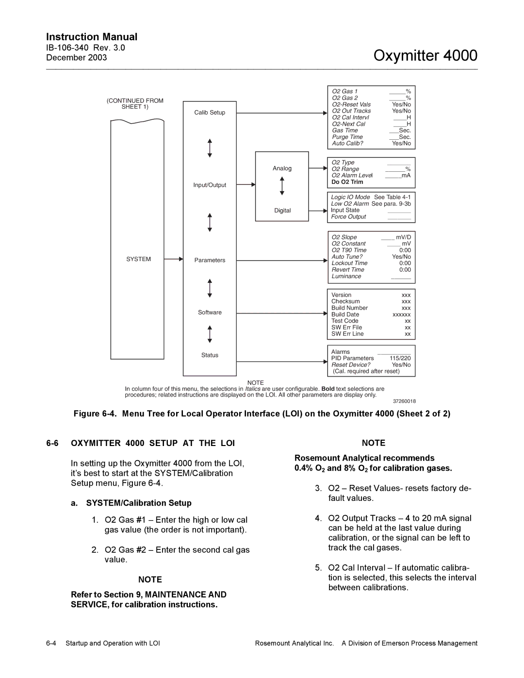 Emerson manual Oxymitter 4000 Setup AT the LOI, SYSTEM/Calibration Setup 