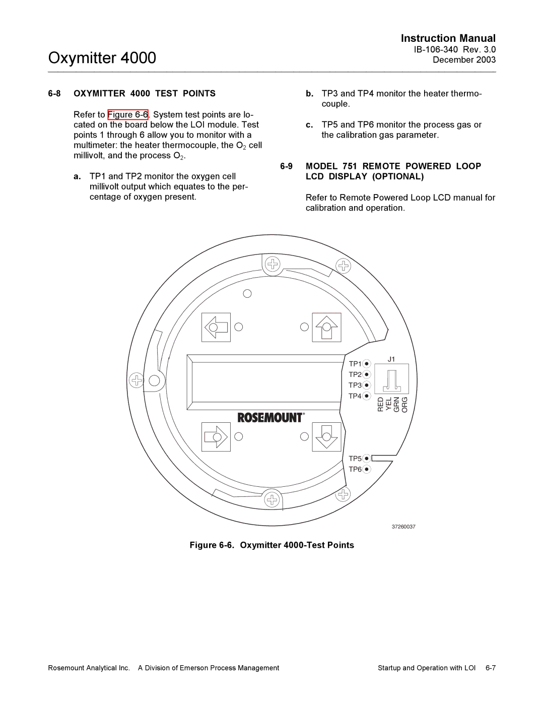 Emerson manual Oxymitter 4000 Test Points, TP3 and TP4 monitor the heater thermo, Model 751 Remote Powered Loop 