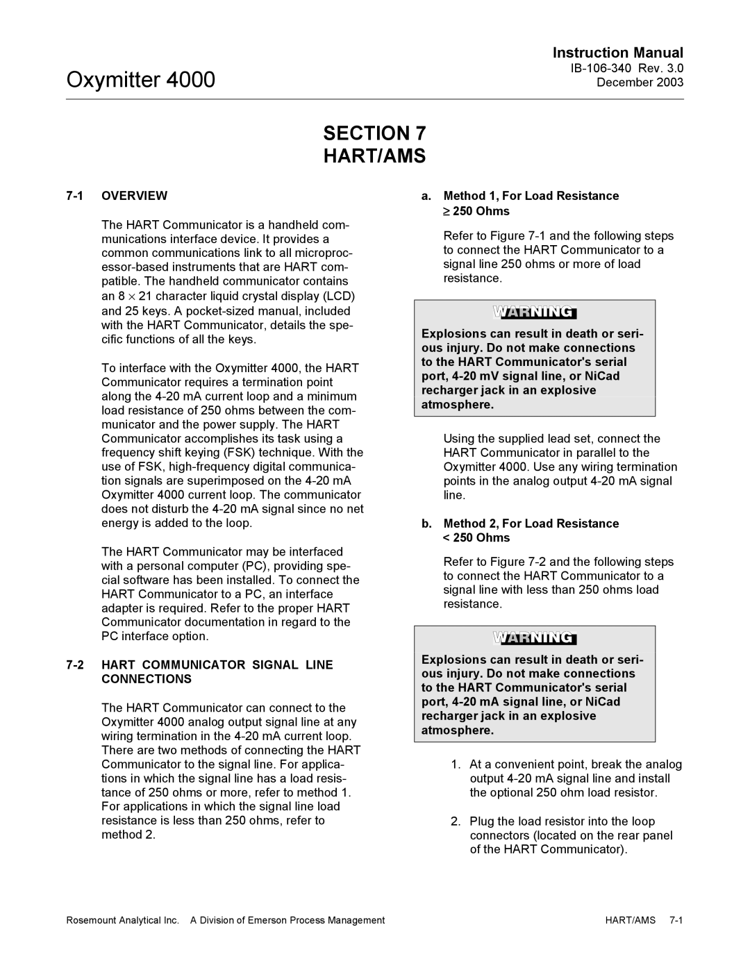 Emerson 4000 manual Hart/Ams, Overview, Hart Communicator Signal Line Connections, Method 1, For Load Resistance ≥ 250 Ohms 