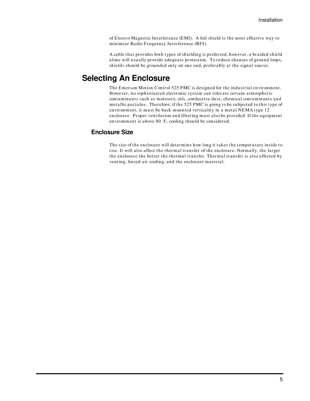 Emerson 400276-01 operation manual Selecting An Enclosure, Enclosure Size 