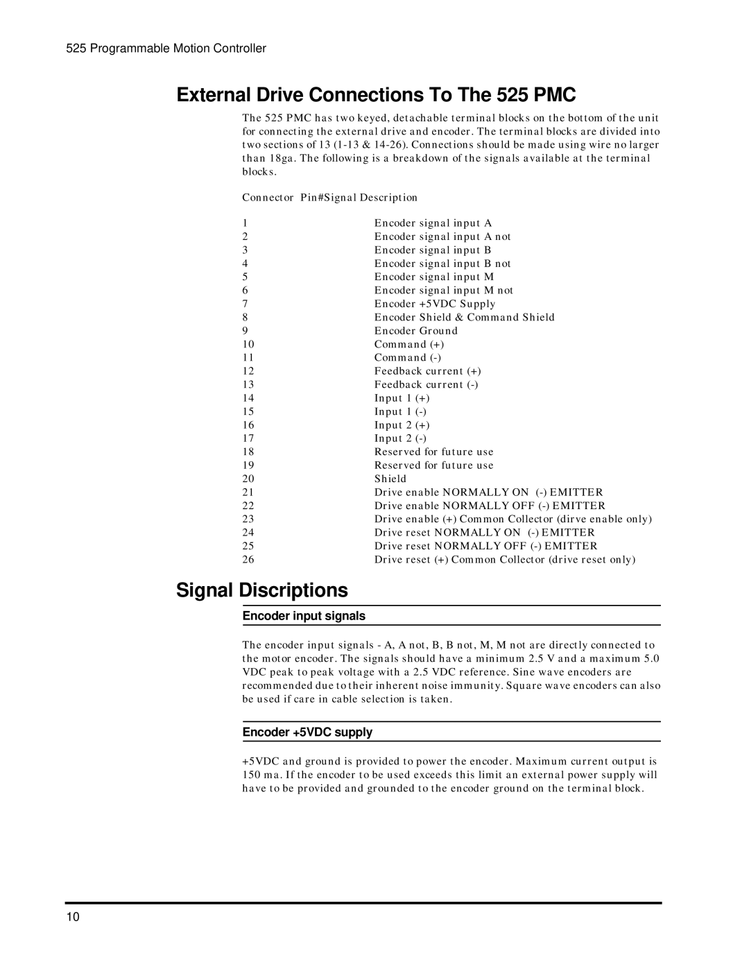 Emerson 400276-01 operation manual External Drive Connections To The 525 PMC, Signal Discriptions, Encoder input signals 