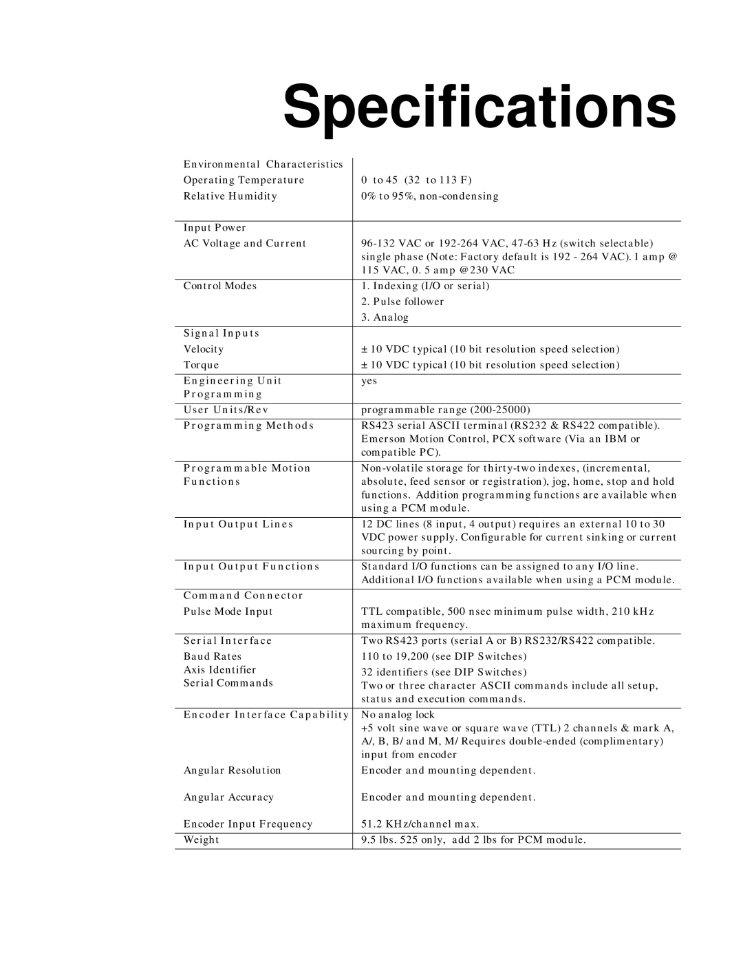 Emerson 400276-01 operation manual Specifications 