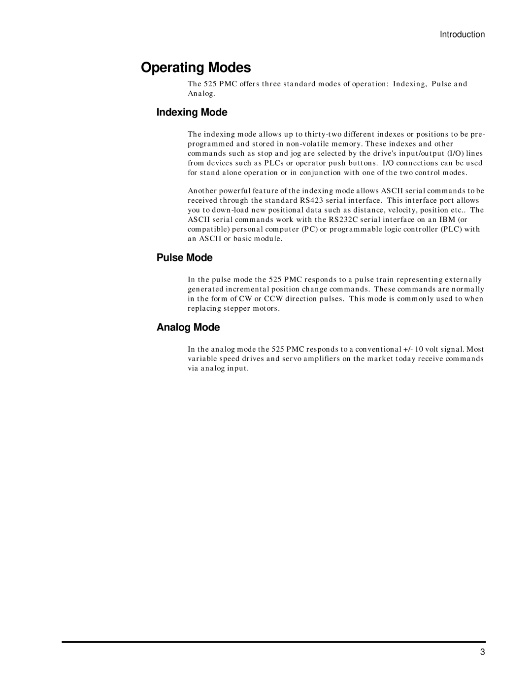 Emerson 400276-01 operation manual Operating Modes, Indexing Mode, Pulse Mode, Analog Mode 