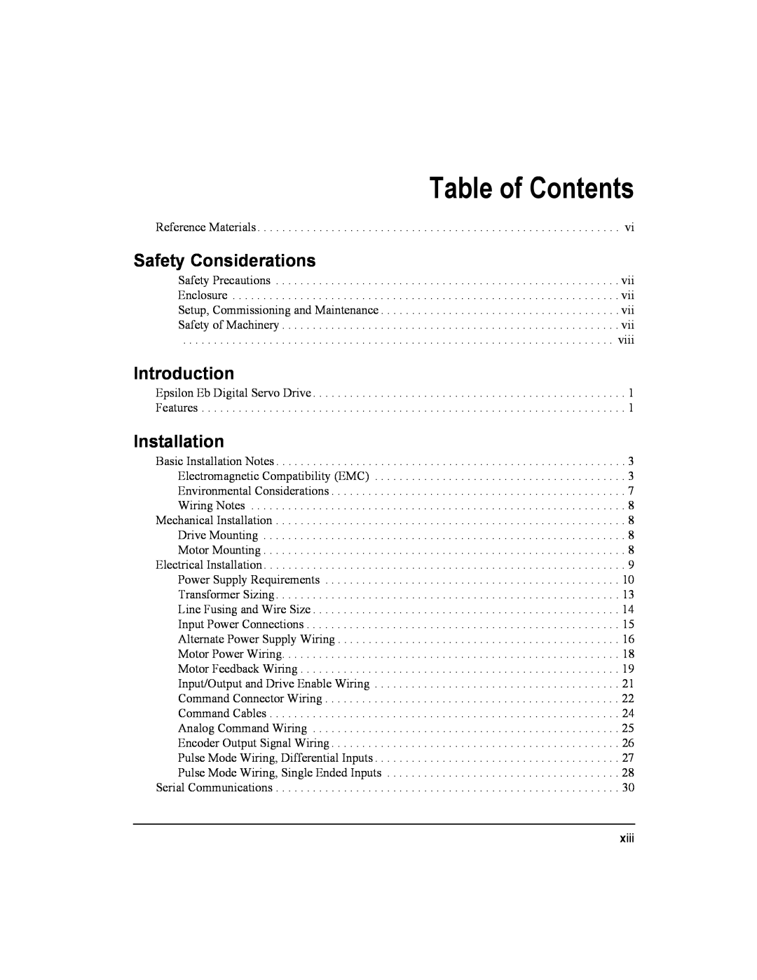 Emerson Epsilon Eb Digital Servo Drive, 400501-05 Table of Contents, Safety Considerations, Introduction, Installation 