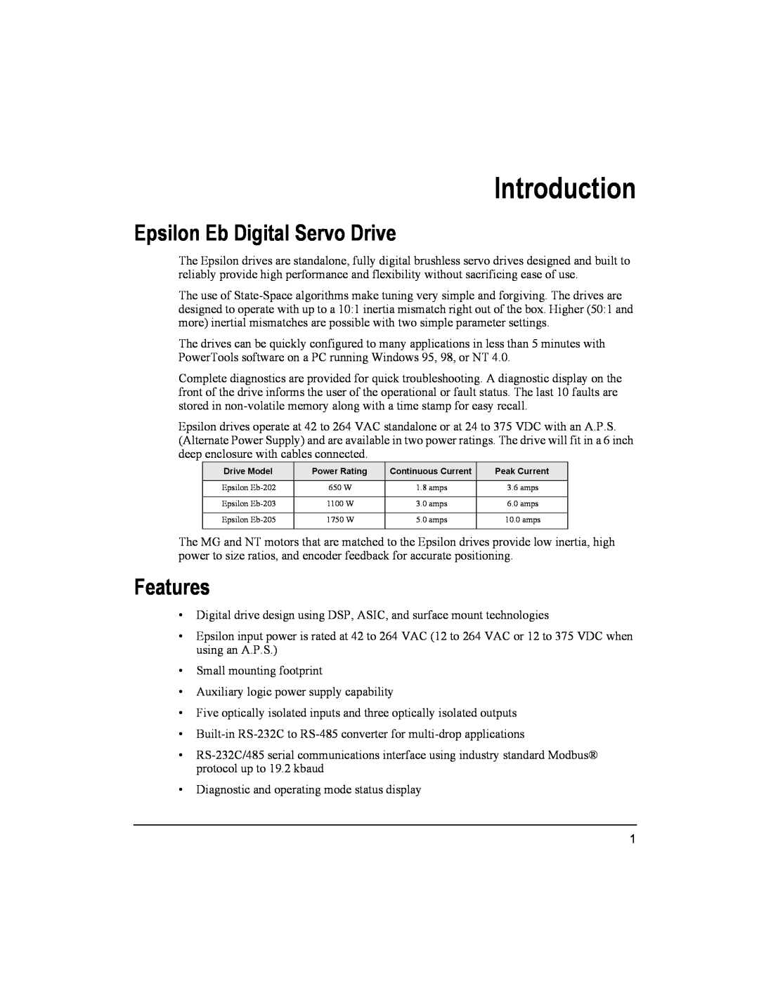 Emerson Epsilon Eb Digital Servo Drive, 400501-05 installation manual Introduction, Features 