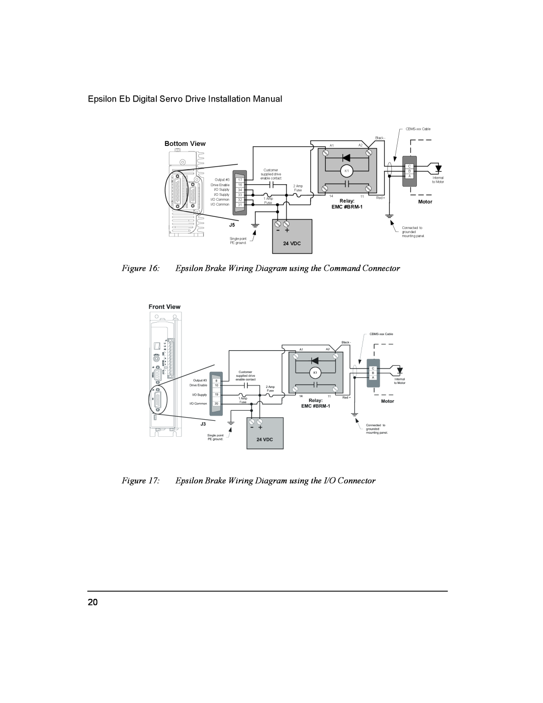 Emerson 400501-05 Epsilon Brake Wiring Diagram using the Command Connector, Bottom View, 24 VDC, Relay, Motor, EMC #BRM-1 