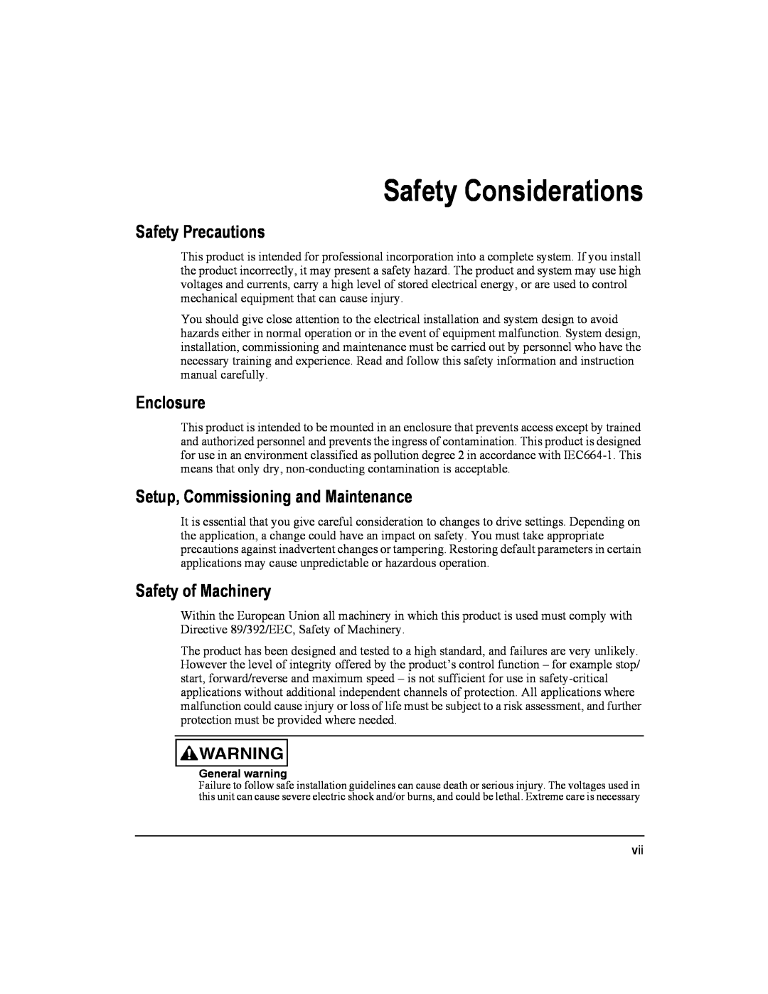 Emerson Epsilon Eb Digital Servo Drive Safety Considerations, Safety Precautions, Enclosure, Safety of Machinery 