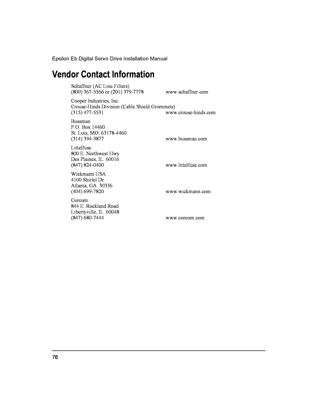 Emerson 400501-05, Epsilon Eb Digital Servo Drive installation manual Vendor Contact Information 