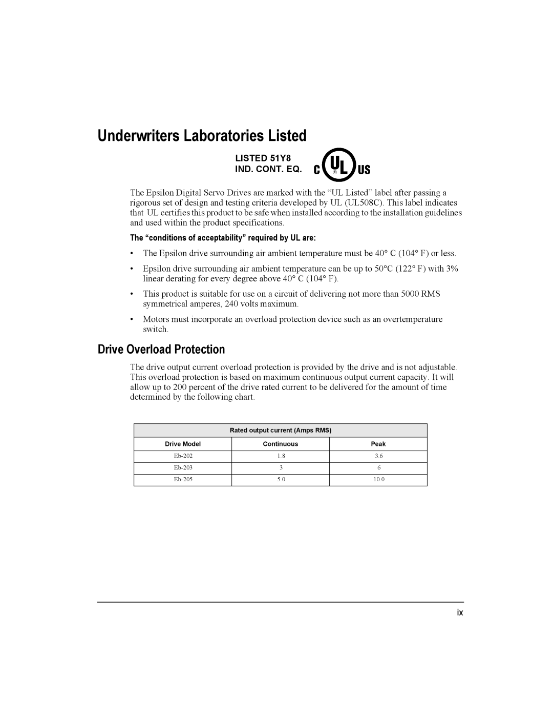 Emerson Epsilon Eb Digital Servo Drive, 400501-05 Underwriters Laboratories Listed, Drive Overload Protection 