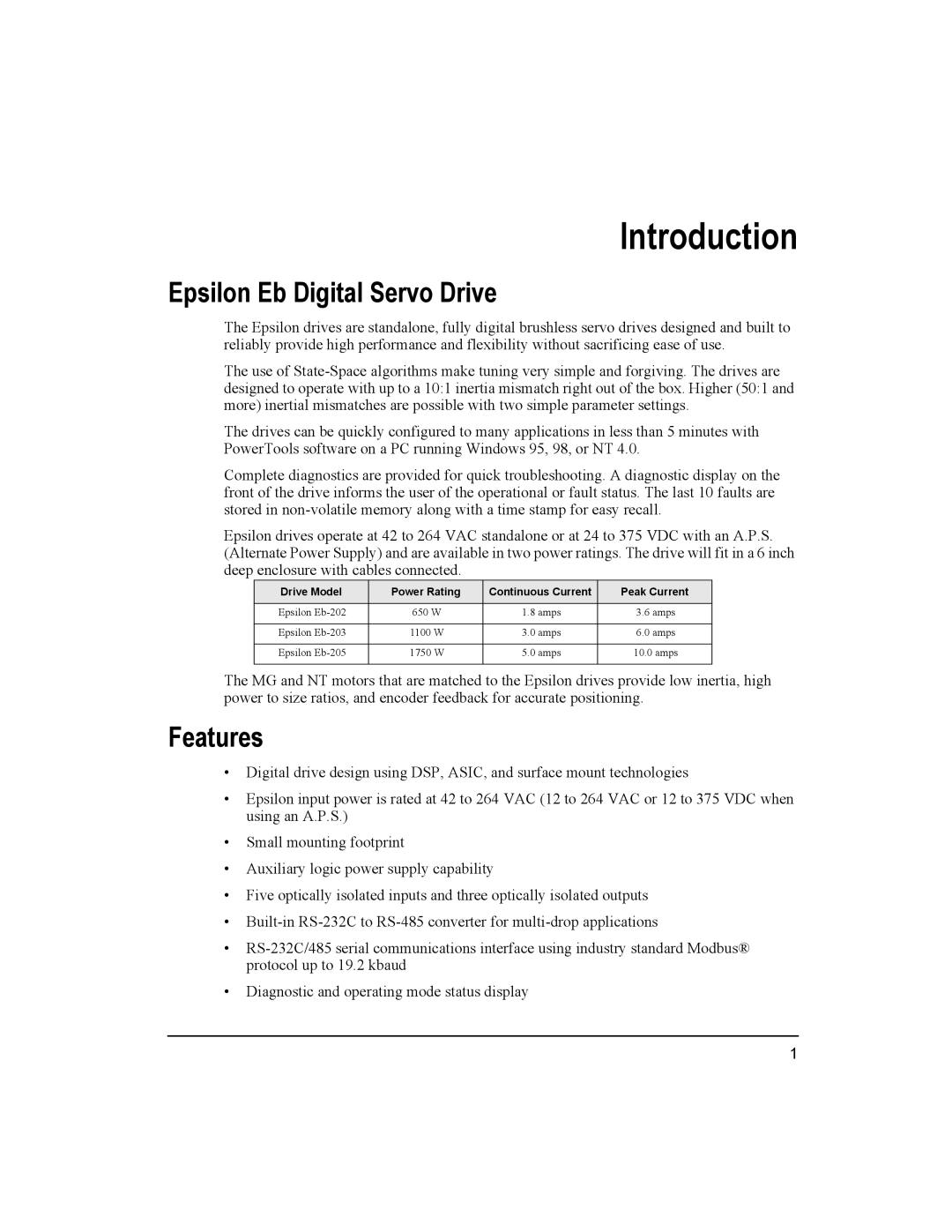 Emerson Epsilon Eb Digital Servo Drive, 400501-05 Features, Drive Model Power Rating Continuous Current Peak Current 