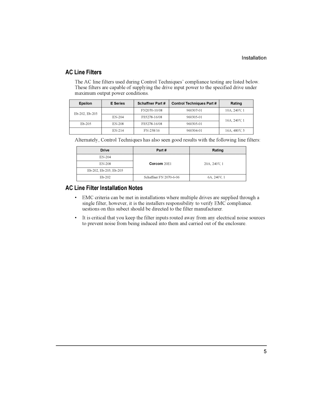 Emerson Epsilon Eb Digital Servo Drive, 400501-05 AC Line Filters, AC Line Filter Installation Notes, Drive Rating 