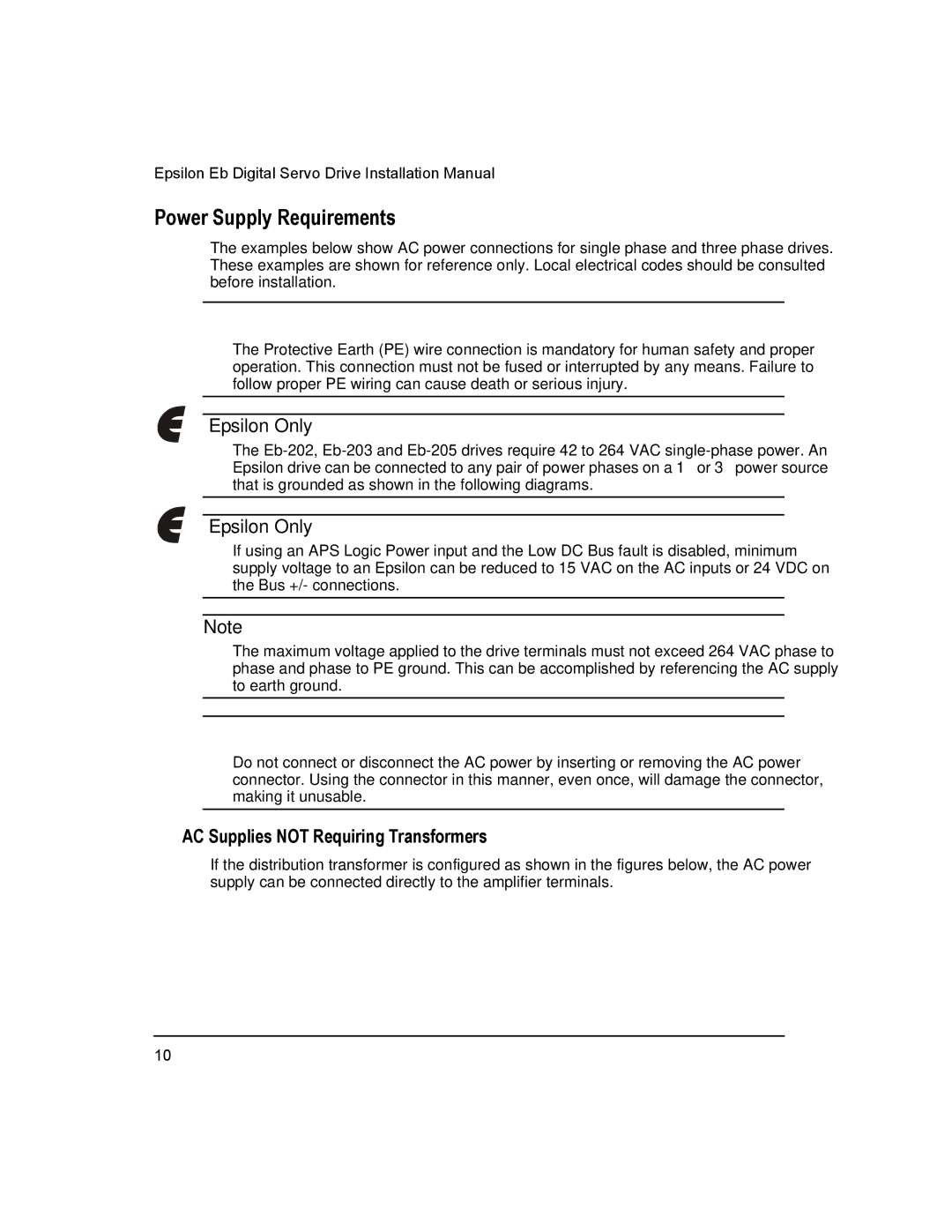 Emerson 400501-05, Epsilon Eb Digital Servo Drive Power Supply Requirements, AC Supplies not Requiring Transformers 