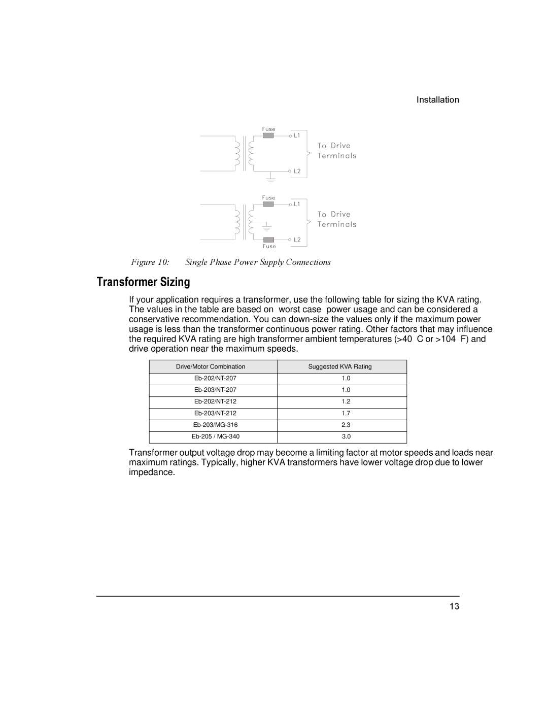 Emerson Epsilon Eb Digital Servo Drive, 400501-05 Transformer Sizing, Drive/Motor Combination Suggested KVA Rating 