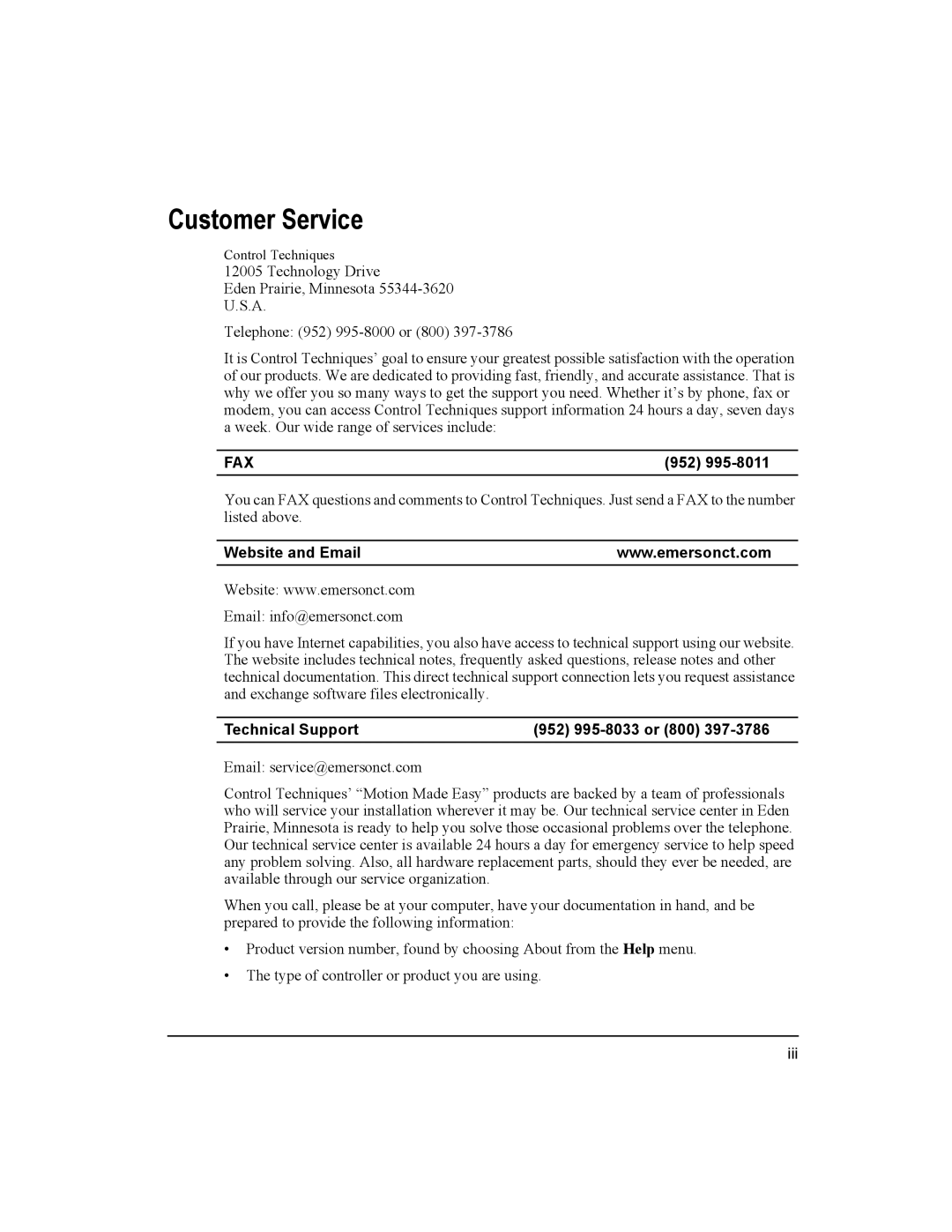 Emerson Epsilon Eb Digital Servo Drive, 400501-05 installation manual Customer Service, Fax 