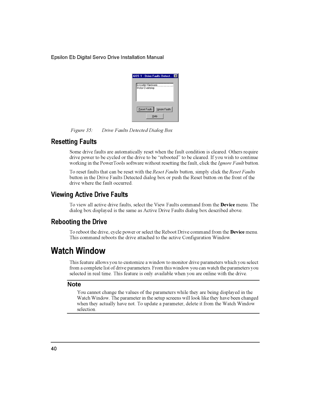 Emerson 400501-05 installation manual Watch Window, Resetting Faults, Viewing Active Drive Faults, Rebooting the Drive 