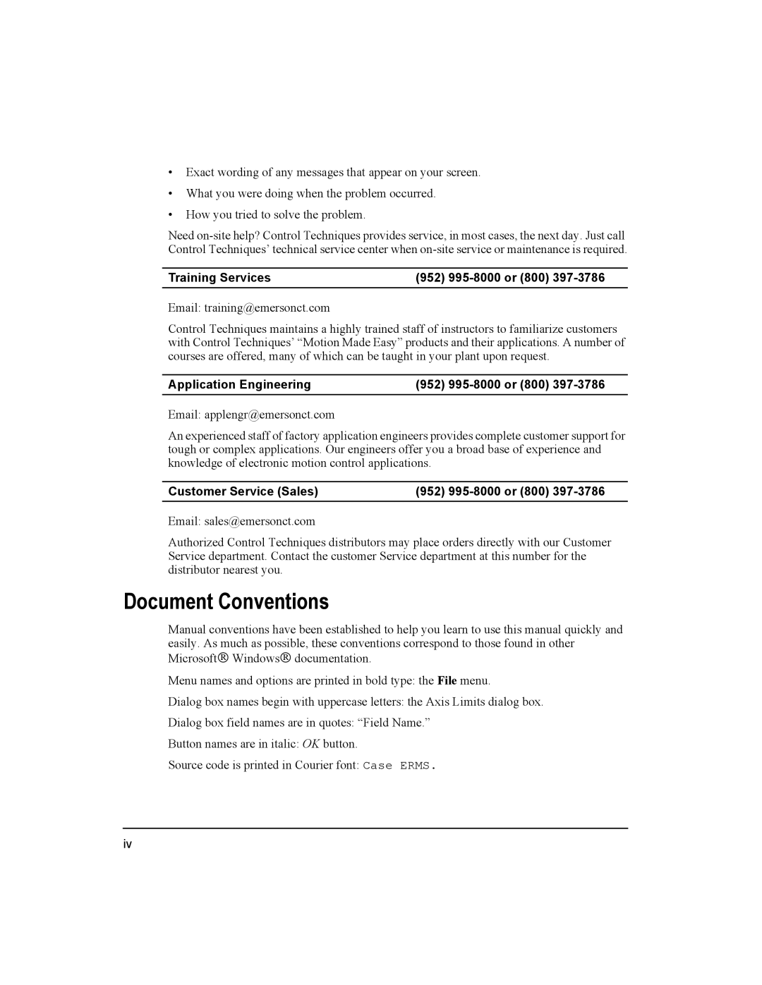 Emerson 400501-05, Epsilon Eb Digital Servo Drive Document Conventions, Training Services 952 995-8000 or 800 