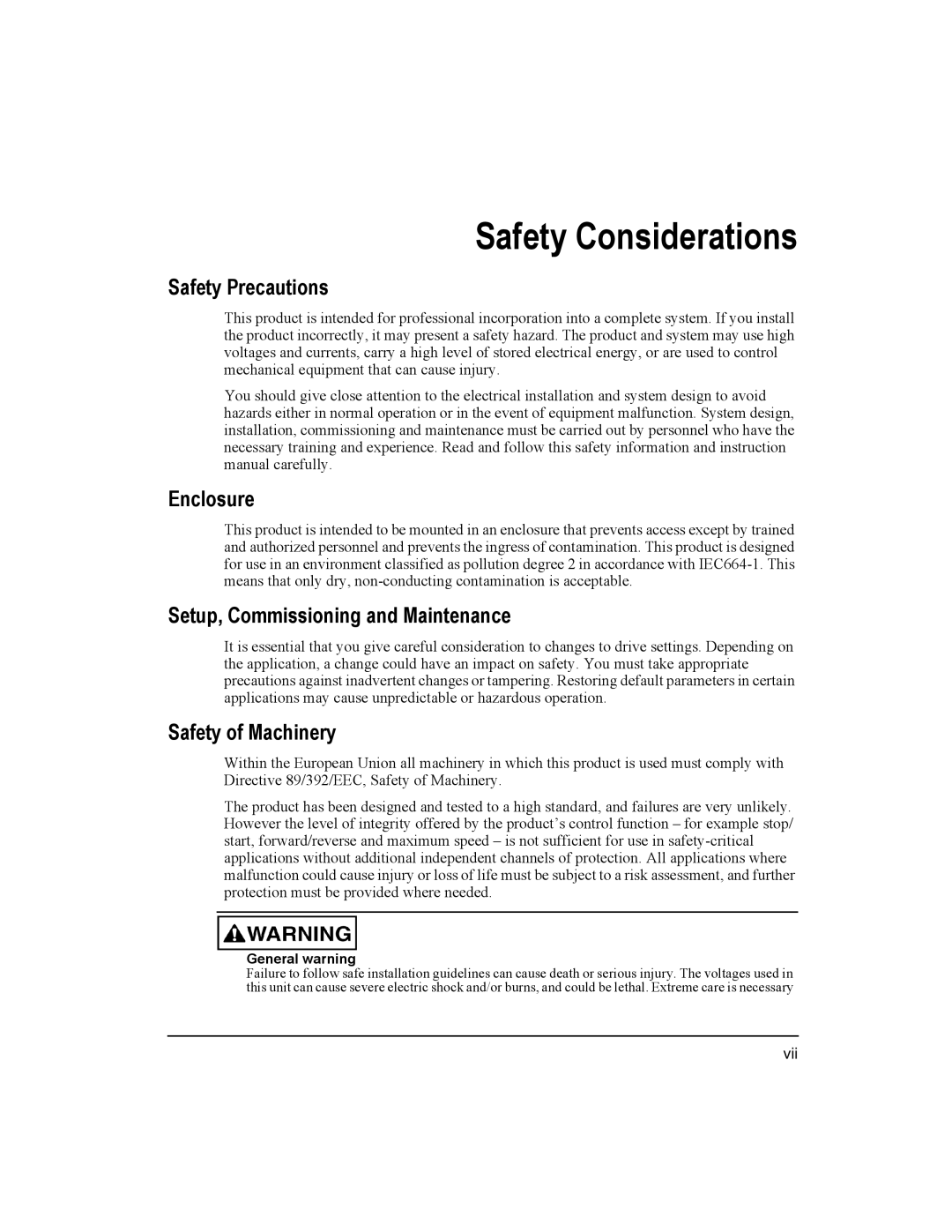 Emerson Epsilon Eb Digital Servo Drive, 400501-05 Safety Precautions, Enclosure, Setup, Commissioning and Maintenance 