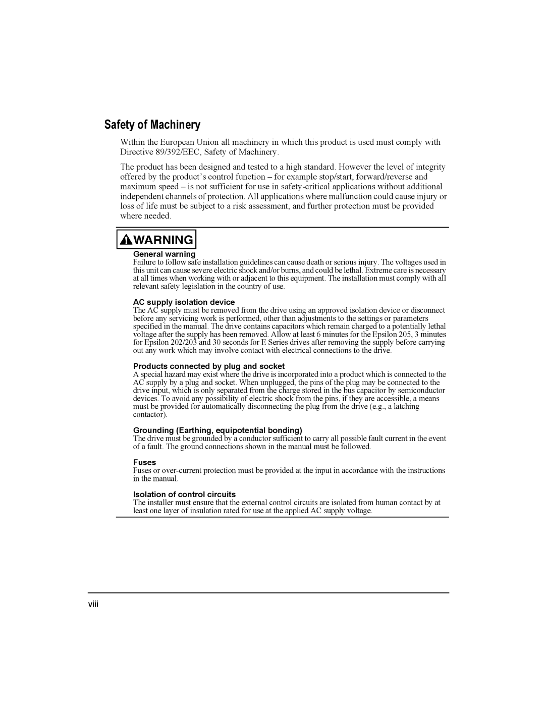 Emerson 400501-08 manual Safety of Machinery, General warning 