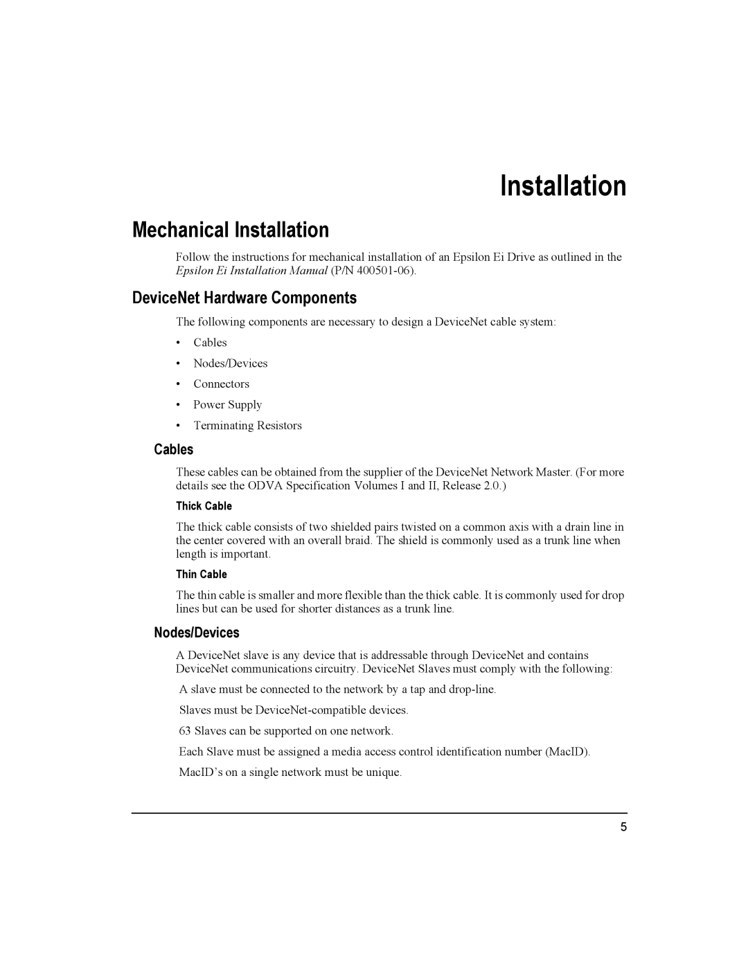 Emerson 400501-08 manual Mechanical Installation, DeviceNet Hardware Components, Cables, Nodes/Devices 