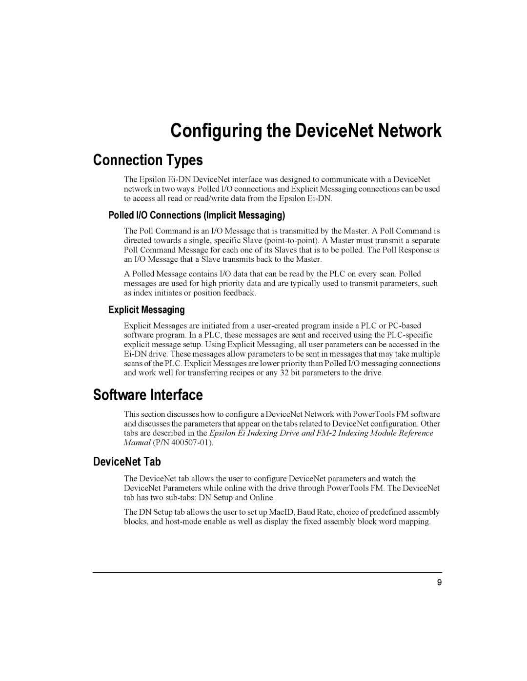 Emerson 400501-08 manual Connection Types, Software Interface, DeviceNet Tab, Polled I/O Connections Implicit Messaging 