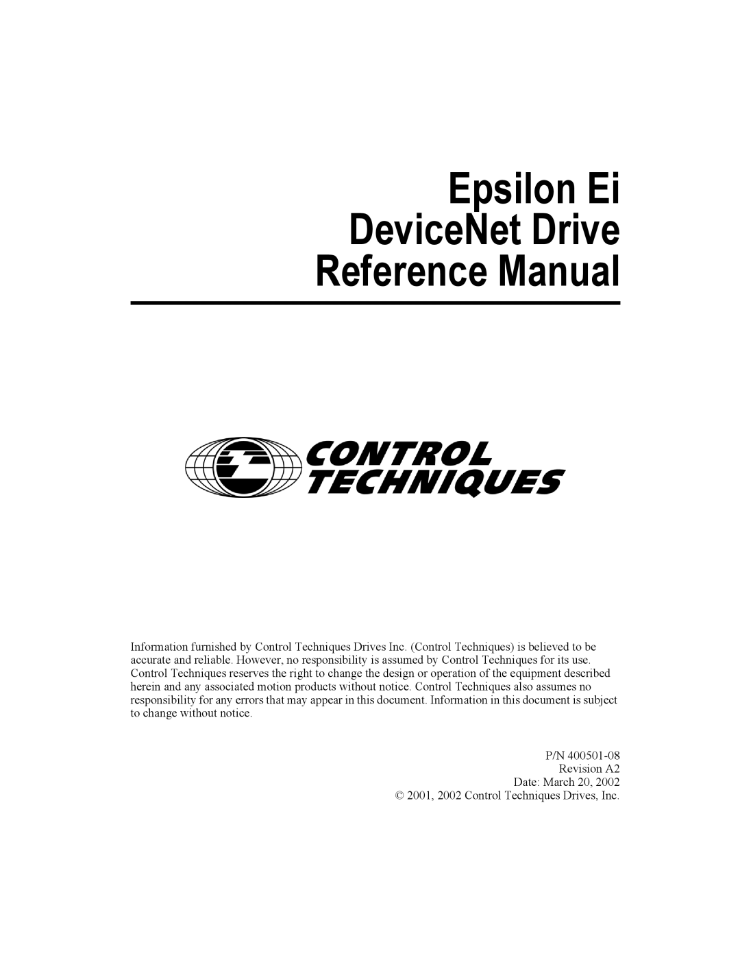 Emerson 400501-08 manual Epsilon Ei DeviceNet Drive Reference Manual 