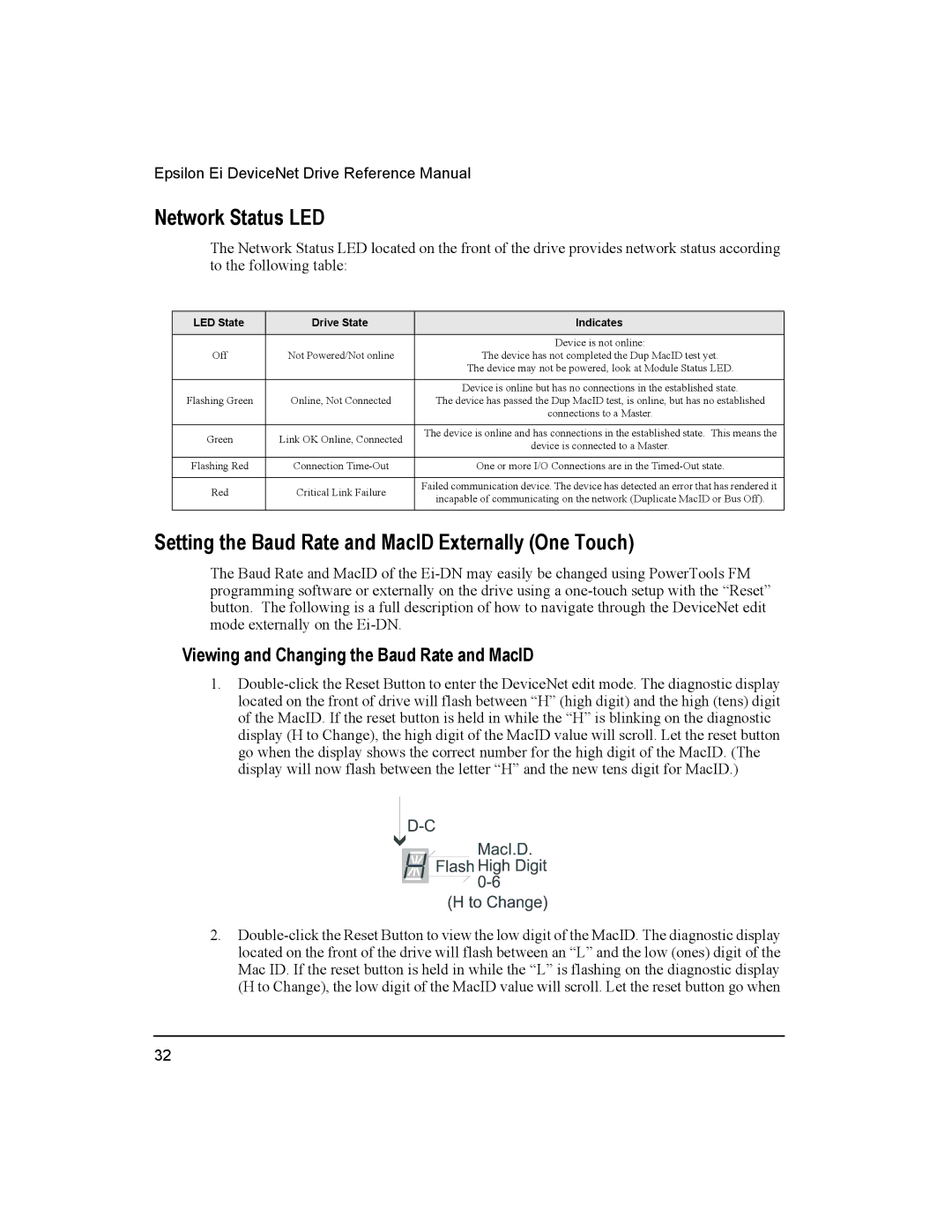 Emerson 400501-08 manual Network Status LED, Setting the Baud Rate and MacID Externally One Touch 