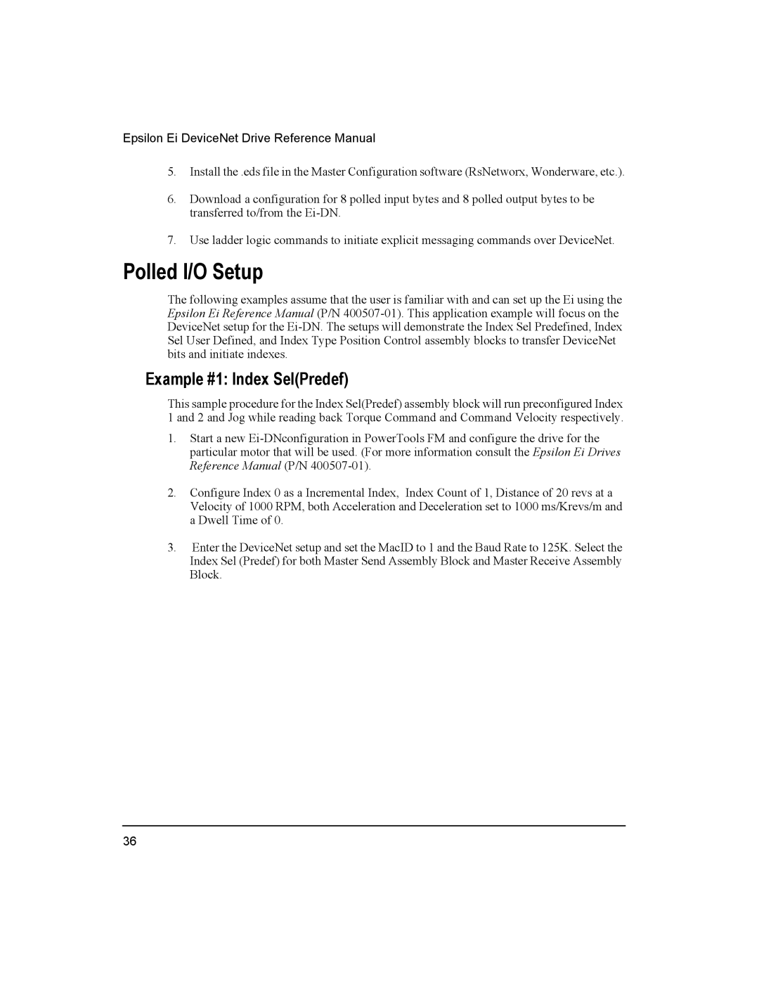 Emerson 400501-08 manual Polled I/O Setup, Example #1 Index SelPredef 