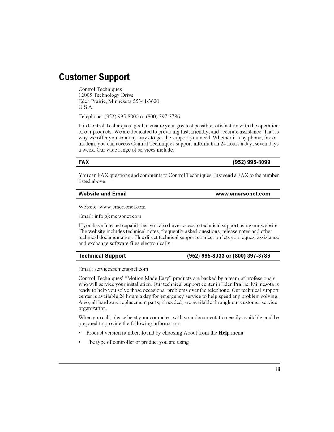 Emerson 400501-08 manual Customer Support, Website and Email, Technical Support 952 995-8033 or 800 